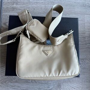 Prada Tan Shoulder Bag with Slouchy Design and Silver Hardware